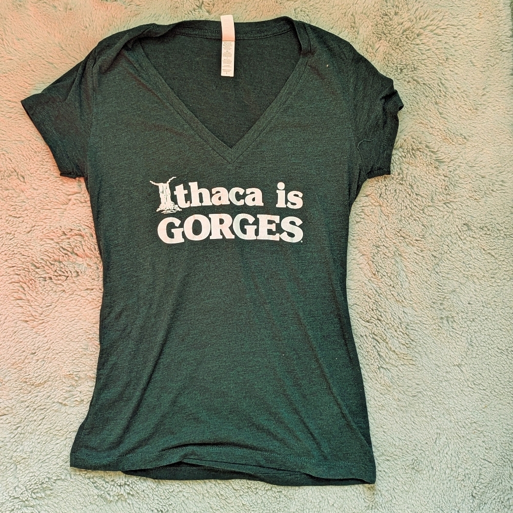 Ithaca Is Gorges V-Neck T-Shirt – Dark Green | Small